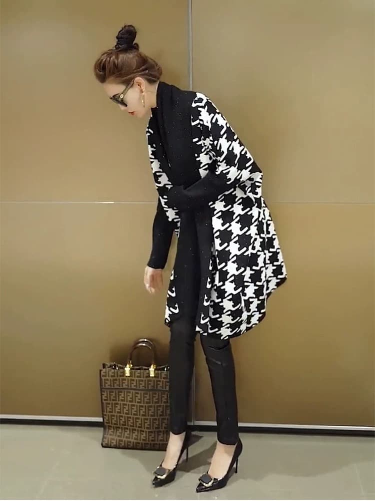 モード系ファッション 《2025秋冬新作》体型カバー×高級素材◆ウール混千鳥柄ジャケット／ロング丈アウター／レディースゆったり大きめサイズ対応／M-2XL展開