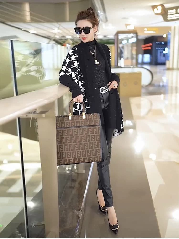 モード系ファッション 《2025秋冬新作》体型カバー×高級素材◆ウール混千鳥柄ジャケット／ロング丈アウター／レディースゆったり大きめサイズ対応／M-2XL展開