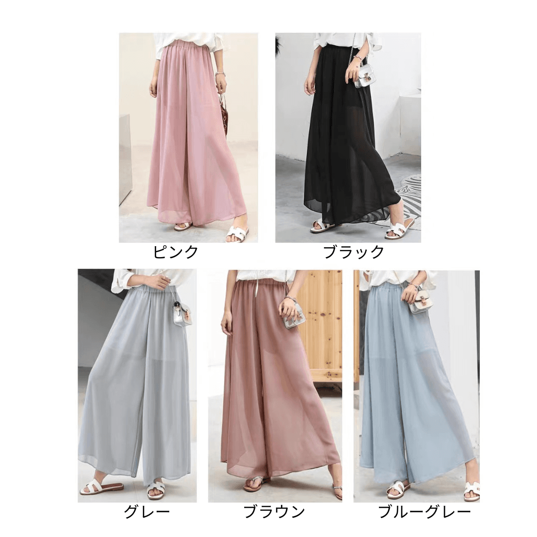 モード系ファッション 体型カバー＆美脚見せが叶う！涼やかシフォンワイドパンツスカート【ウエストゴム／春夏／軽やか素材】