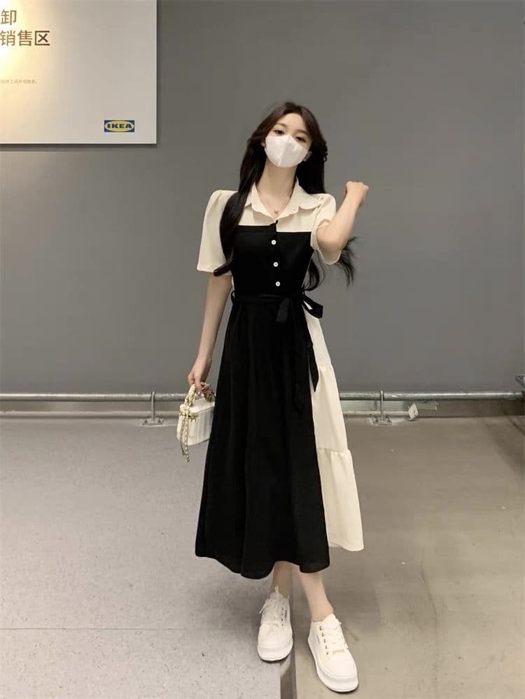 モード系ファッション ワンピース モノトーン配色バイカラーデザインロングワンピース｜美シルエット×Aライン×体型カバー