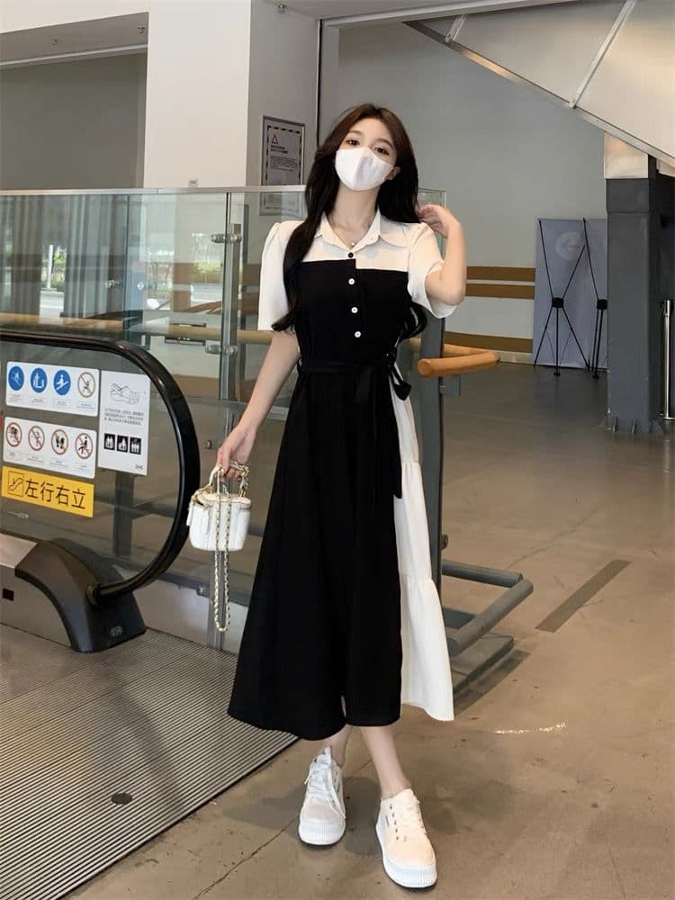 モード系ファッション ワンピース モノトーン配色バイカラーデザインロングワンピース｜美シルエット×Aライン×体型カバー