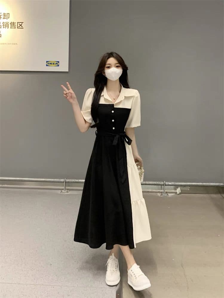 モード系ファッション ワンピース モノトーン配色バイカラーデザインロングワンピース｜美シルエット×Aライン×体型カバー
