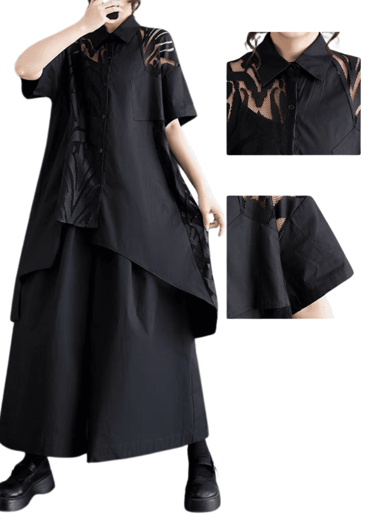 モード系ファッション 「シアー切り替えアシンメトリーシャツ｜モード感漂う上質デザイン【体型カバーも◎】」