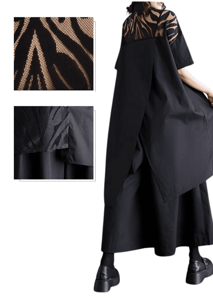 モード系ファッション 「シアー切り替えアシンメトリーシャツ｜モード感漂う上質デザイン【体型カバーも◎】」