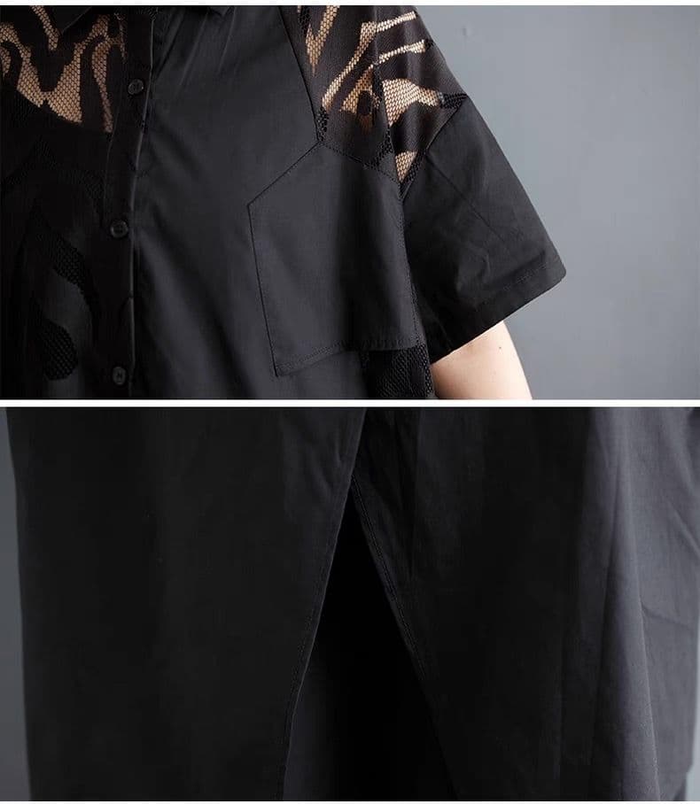 モード系ファッション 「シアー切り替えアシンメトリーシャツ｜モード感漂う上質デザイン【体型カバーも◎】」