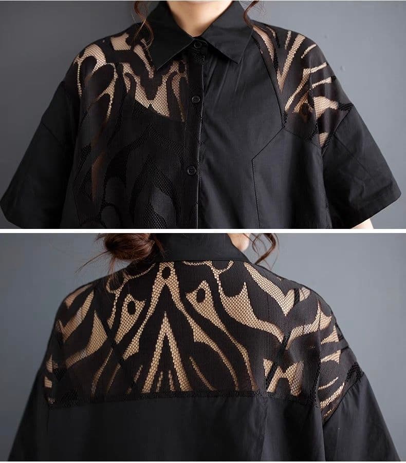 モード系ファッション 「シアー切り替えアシンメトリーシャツ｜モード感漂う上質デザイン【体型カバーも◎】」