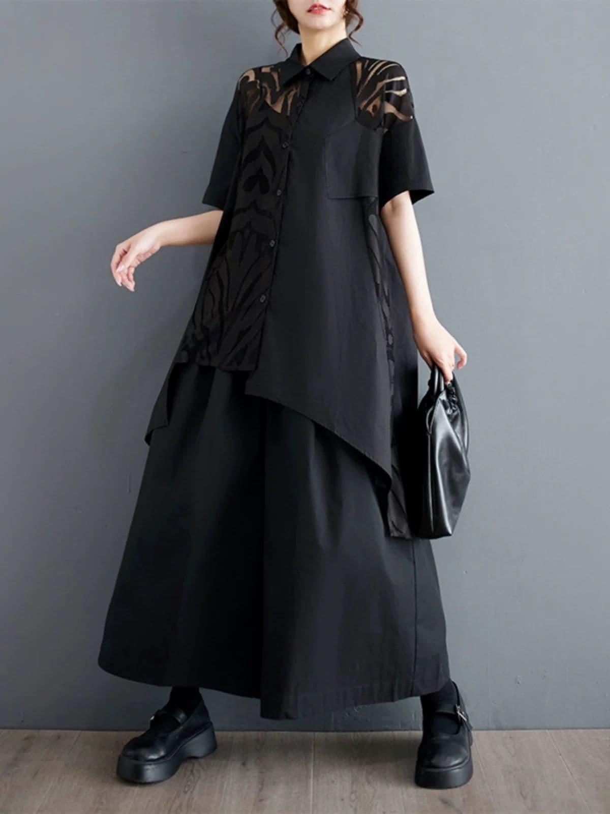 モード系ファッション 「シアー切り替えアシンメトリーシャツ｜モード感漂う上質デザイン【体型カバーも◎】」