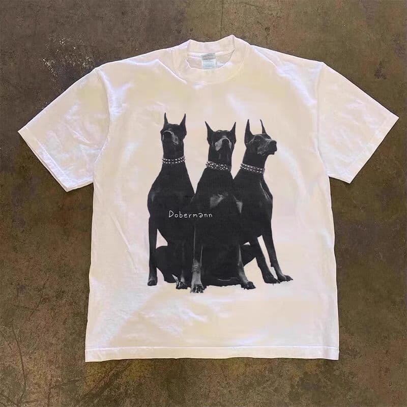 モード系 モード系ドーベルマンプリントTシャツ｜ユニセックス・6サイズ展開・綿100％