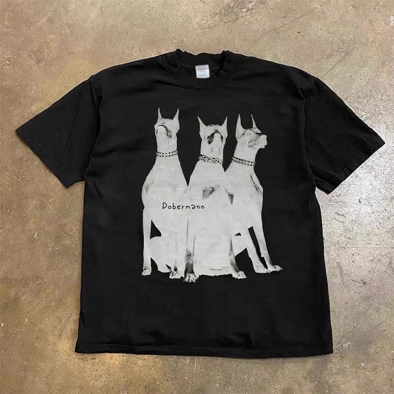 モード系 モード系ドーベルマンプリントTシャツ｜ユニセックス・6サイズ展開・綿100％