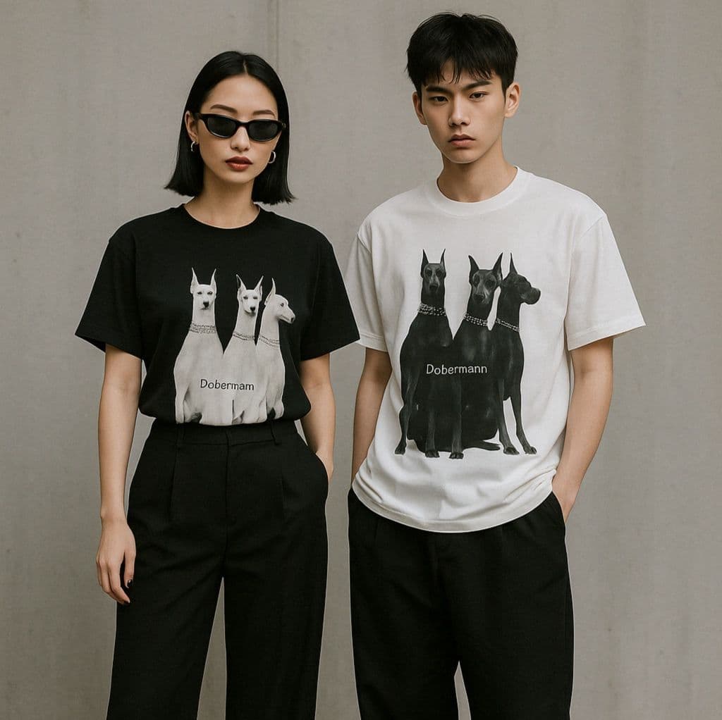 モード系 モード系ドーベルマンプリントTシャツ｜ユニセックス・6サイズ展開・綿100％