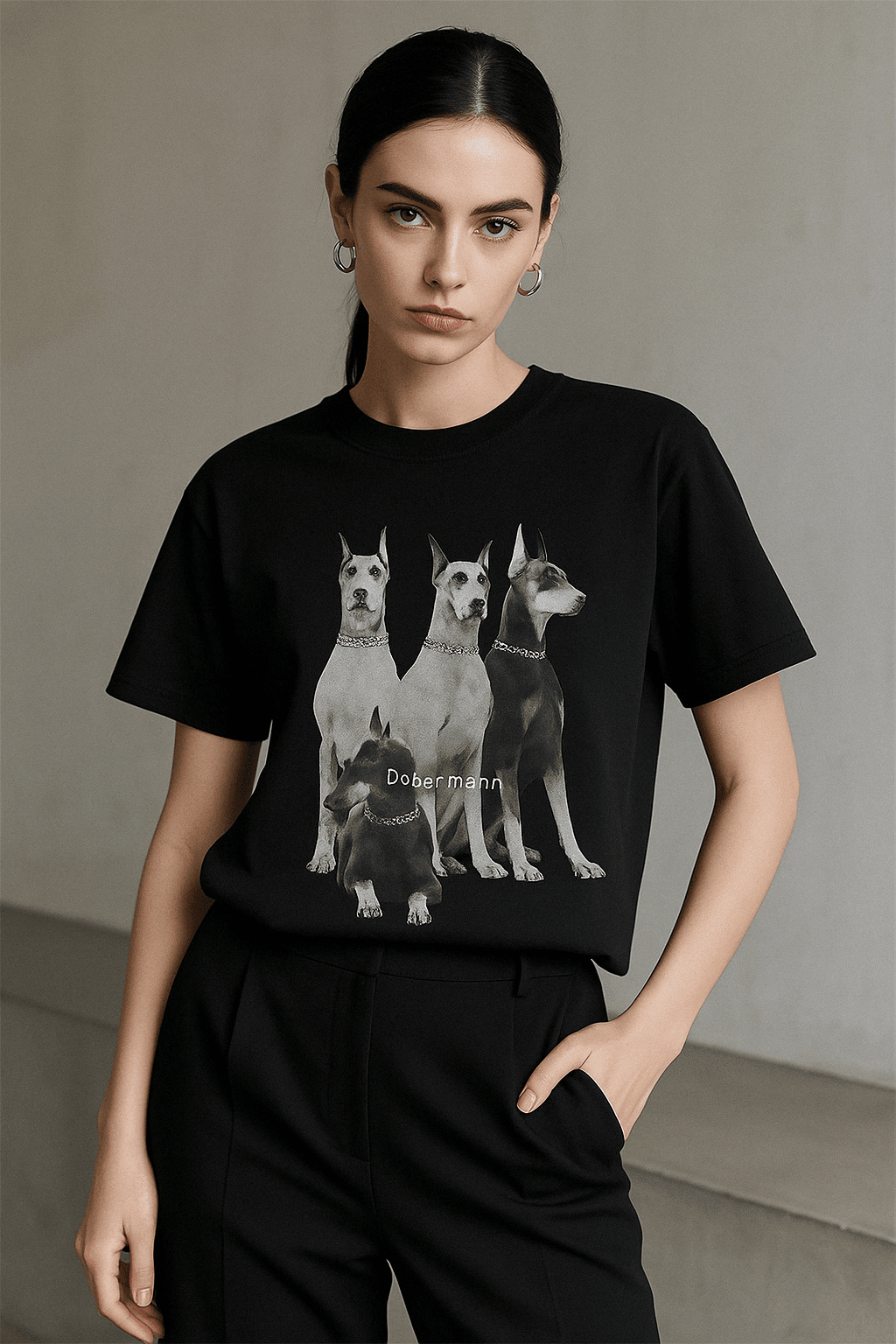 モード系 モード系ドーベルマンプリントTシャツ｜ユニセックス・6サイズ展開・綿100％