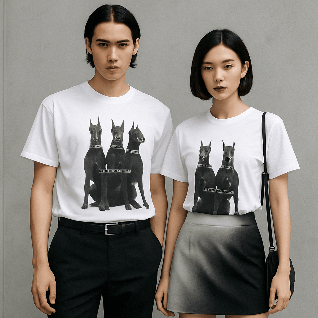 モード系 モード系ドーベルマンプリントTシャツ｜ユニセックス・6サイズ展開・綿100％