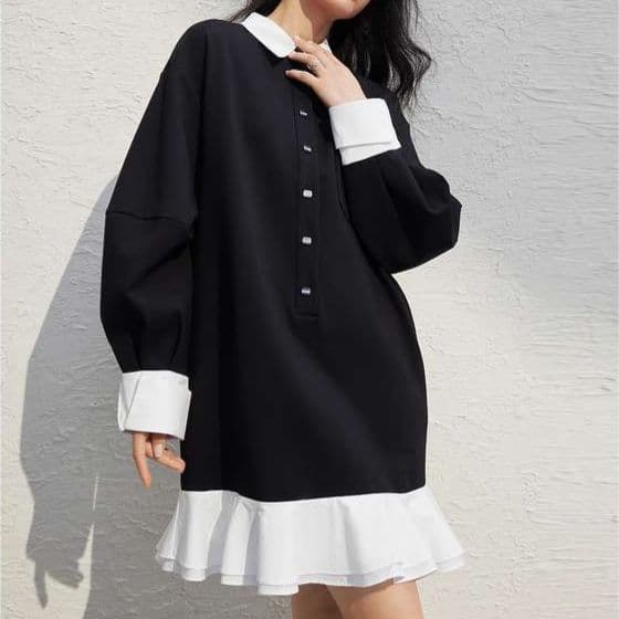 モード系ファッション M〜3XL対応｜配色フリルが華やぐバイカラービッグカラーシャツワンピース｜体型カバーも叶う甘辛ミックスワンピ