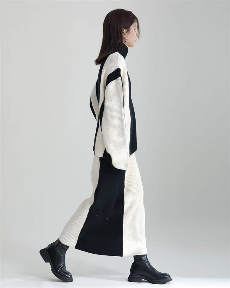 モード系ファッション 【ワンサイズ対応】バイカラー配色リブニットスカート（ブラック／ブルー）