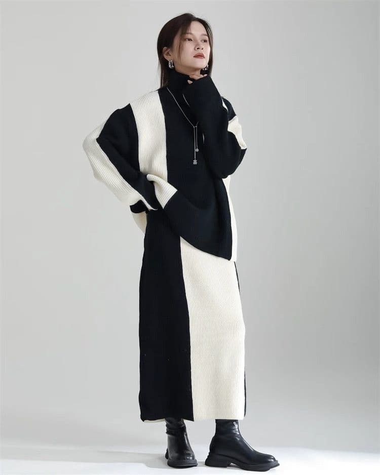 モード系ファッション 【ワンサイズ対応】バイカラー配色リブニットスカート（ブラック／ブルー）