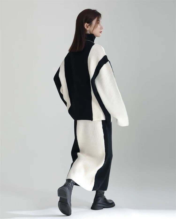 モード系ファッション 【ワンサイズ対応】バイカラー配色リブニットスカート（ブラック／ブルー）