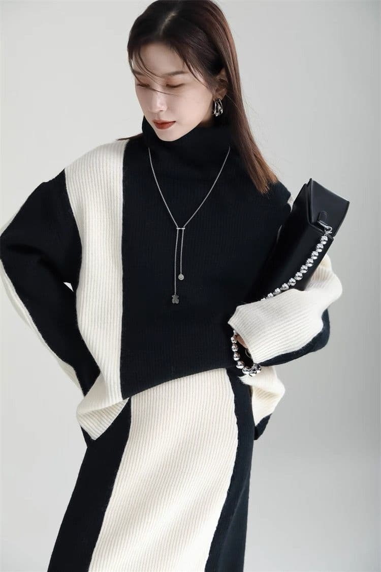 モード系ファッション 【ワンサイズ対応】バイカラー配色リブニットスカート（ブラック／ブルー）