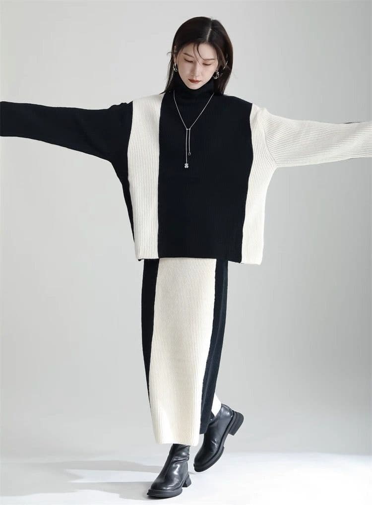 モード系ファッション 【ワンサイズ対応】バイカラー配色リブニットスカート（ブラック／ブルー）