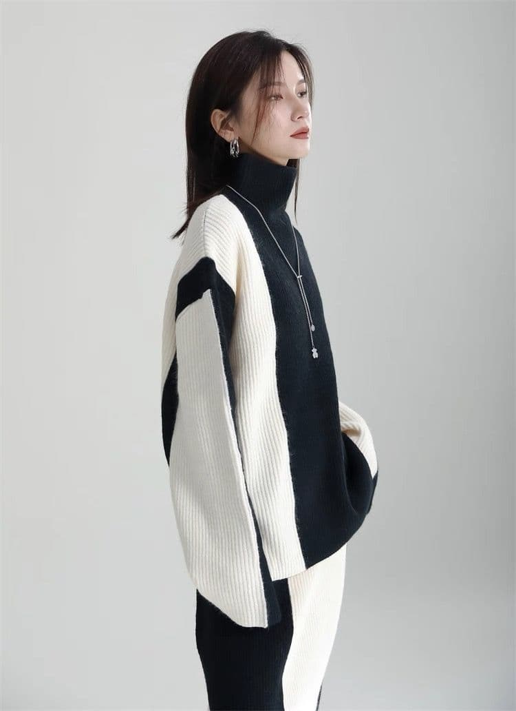 モード系ファッション 【ワンサイズ対応】バイカラー配色リブニットスカート（ブラック／ブルー）