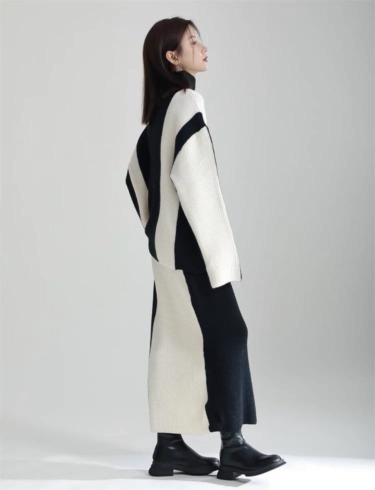 モード系ファッション 【ワンサイズ対応】バイカラー配色リブニットスカート（ブラック／ブルー）