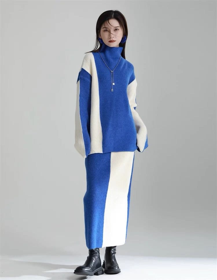 モード系ファッション 【ワンサイズ対応】バイカラー配色リブニットスカート（ブラック／ブルー）