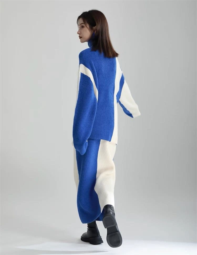 モード系ファッション 【ワンサイズ対応】バイカラー配色リブニットスカート（ブラック／ブルー）