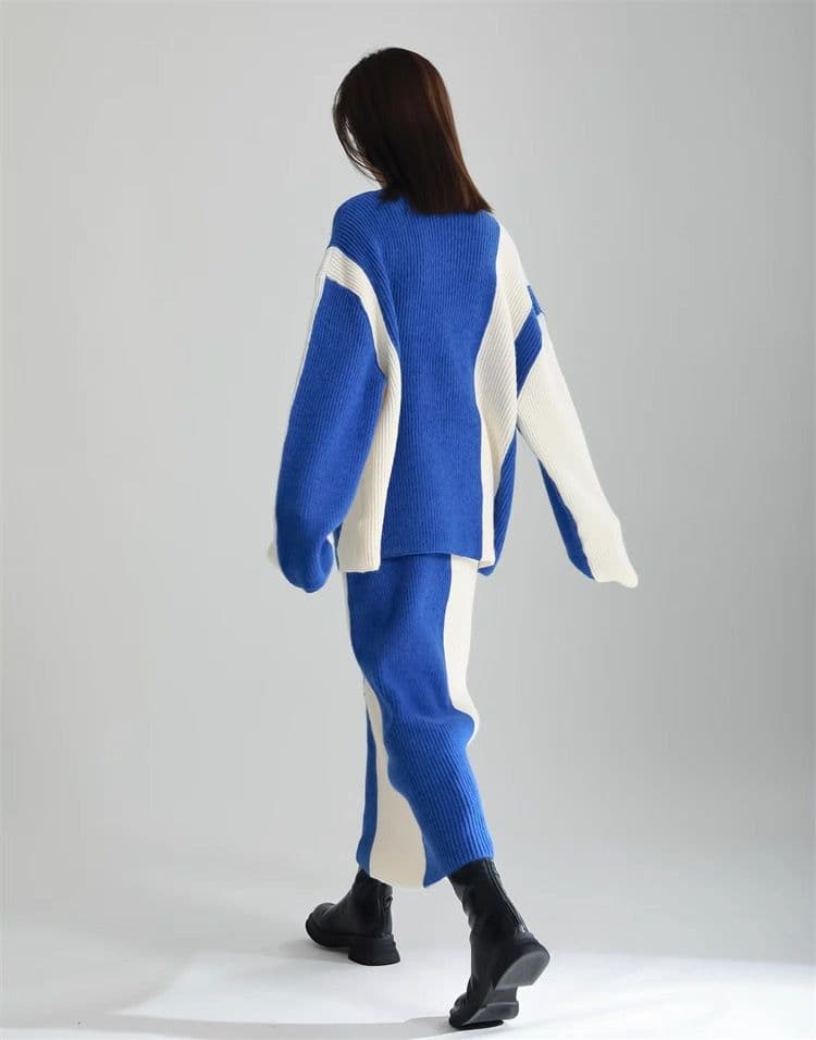 モード系ファッション 【ワンサイズ対応】バイカラー配色リブニットスカート（ブラック／ブルー）