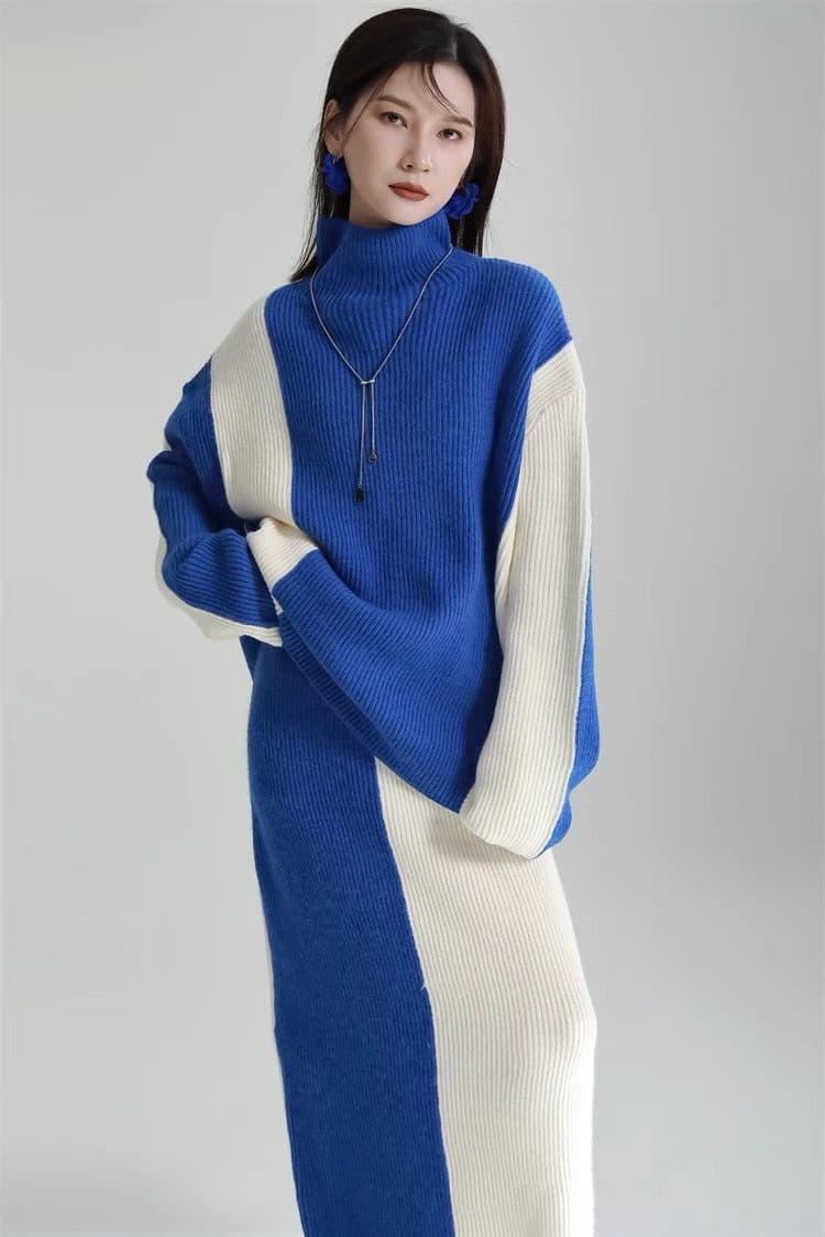 モード系ファッション 【ワンサイズ対応】バイカラー配色リブニットスカート（ブラック／ブルー）