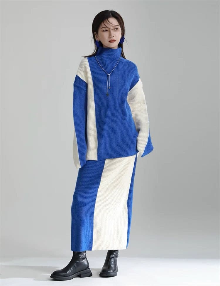 モード系ファッション 【ワンサイズ対応】バイカラー配色リブニットスカート（ブラック／ブルー）