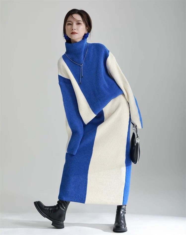 モード系ファッション 【ワンサイズ対応】バイカラー配色リブニットスカート（ブラック／ブルー）