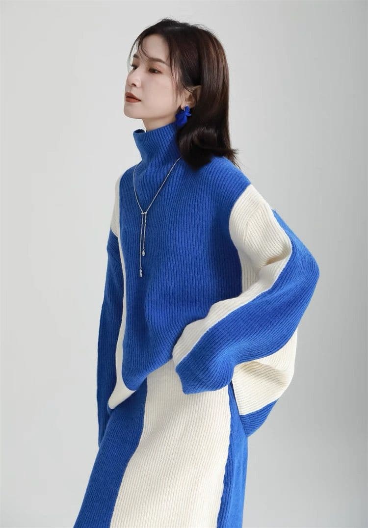 モード系ファッション 【ワンサイズ対応】バイカラー配色リブニットスカート（ブラック／ブルー）