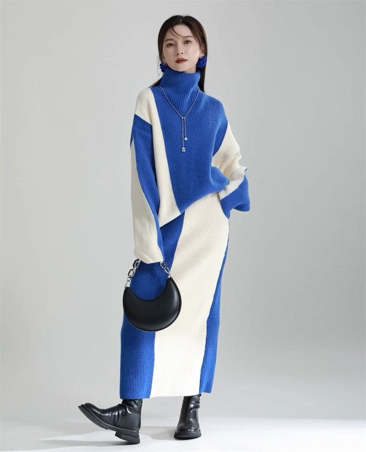 モード系ファッション 【ワンサイズ対応】バイカラー配色リブニットスカート（ブラック／ブルー）