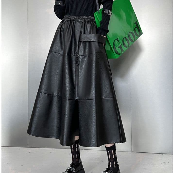 モード系ファッションエレガントモードなPUレザースカート