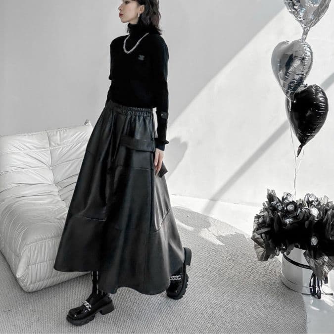 モード系ファッションエレガントモードなPUレザースカート