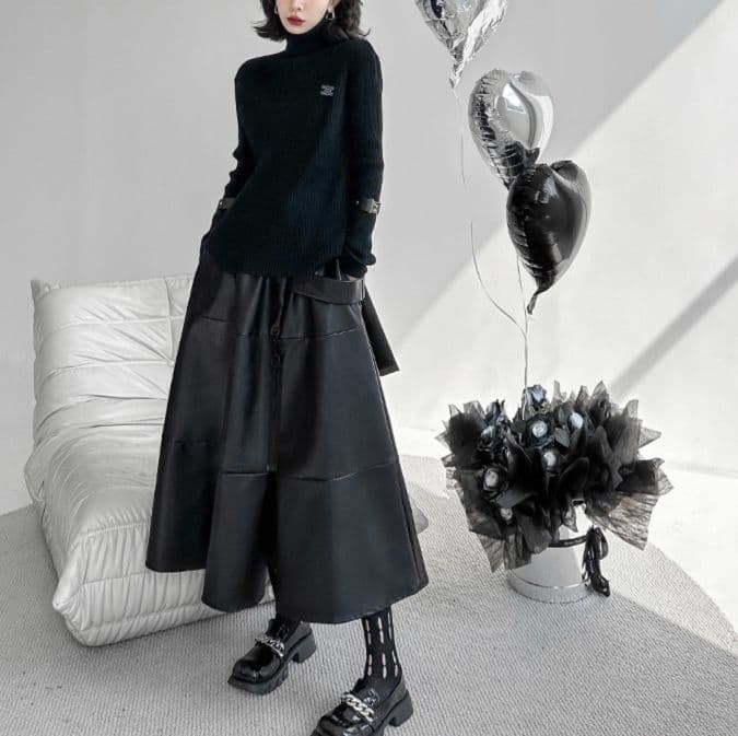 モード系ファッションエレガントモードなPUレザースカート