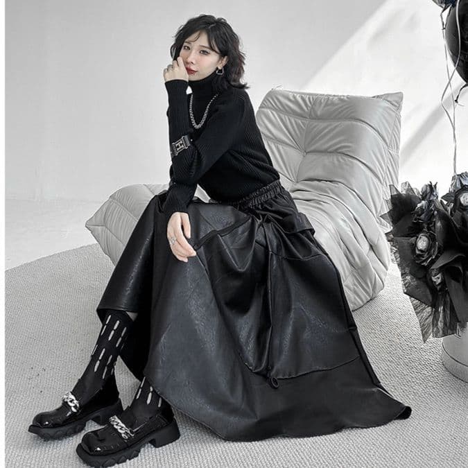 モード系ファッションエレガントモードなPUレザースカート