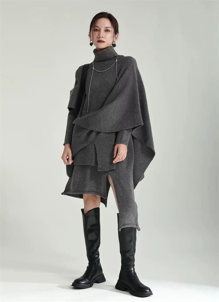 モード系ファッション 【体型カバー×モード映え】アシンメトリーニットワンピース〈グレー〉フリル袖×ハイネック／秋冬ロング丈