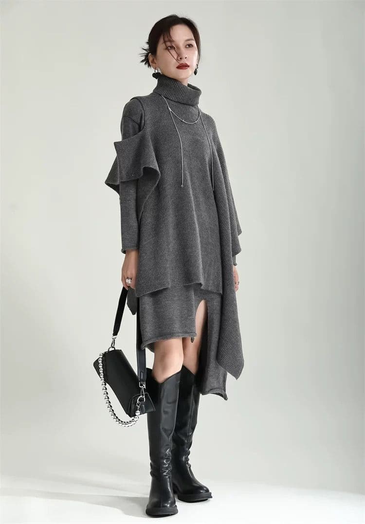 モード系ファッション 【体型カバー×モード映え】アシンメトリーニットワンピース〈グレー〉フリル袖×ハイネック／秋冬ロング丈