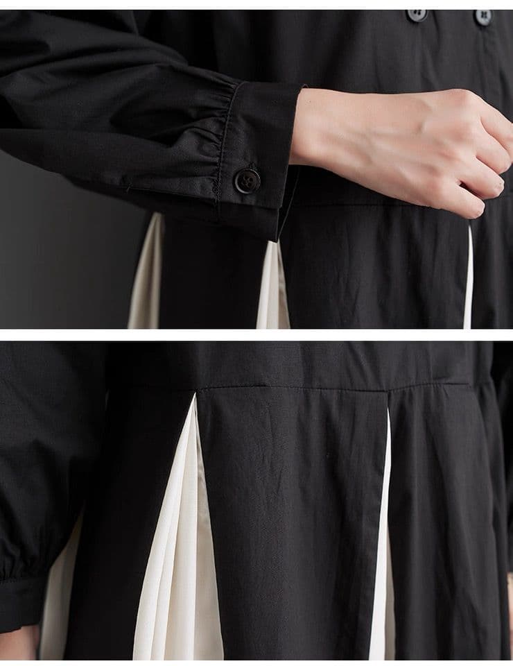 モード系ファッション 【一枚で完成するモード感】配色プリーツ切替ロングワンピース〈ブラック〉