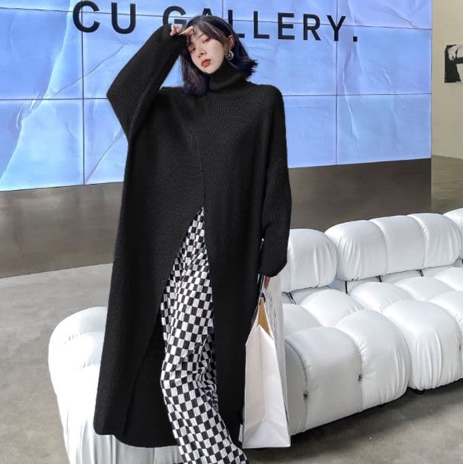 モード系ファッション【ブラック】アシンメトリーデザインのハイネックニットワンピース