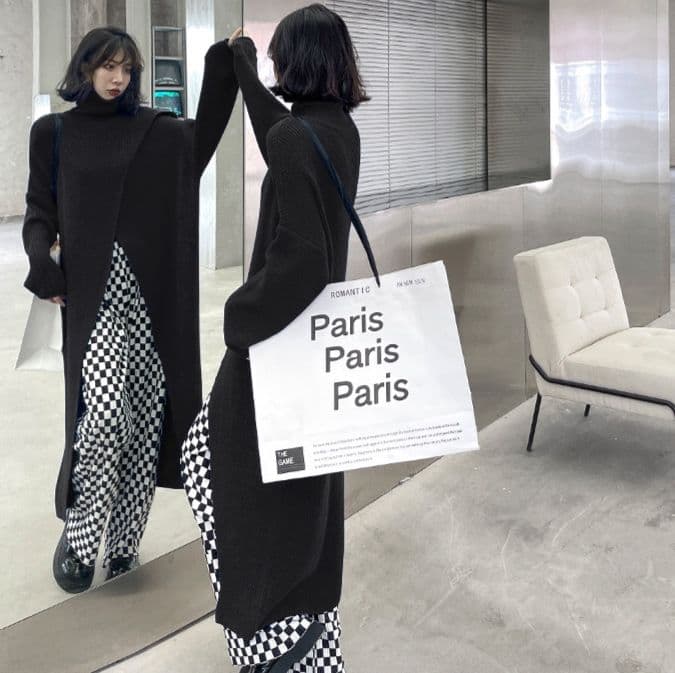 モード系ファッション【ブラック】アシンメトリーデザインのハイネックニットワンピース