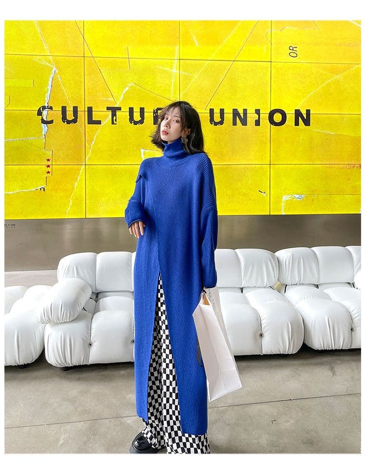 モード系ファッション【ブラック】アシンメトリーデザインのハイネックニットワンピース