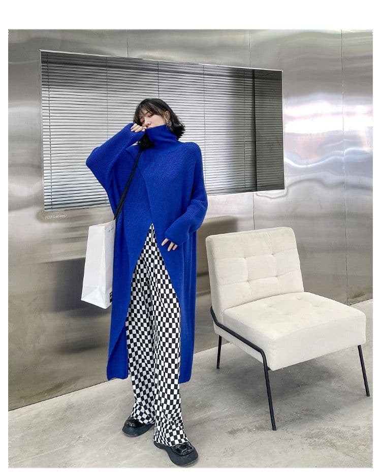 モード系ファッション【ブラック】アシンメトリーデザインのハイネックニットワンピース