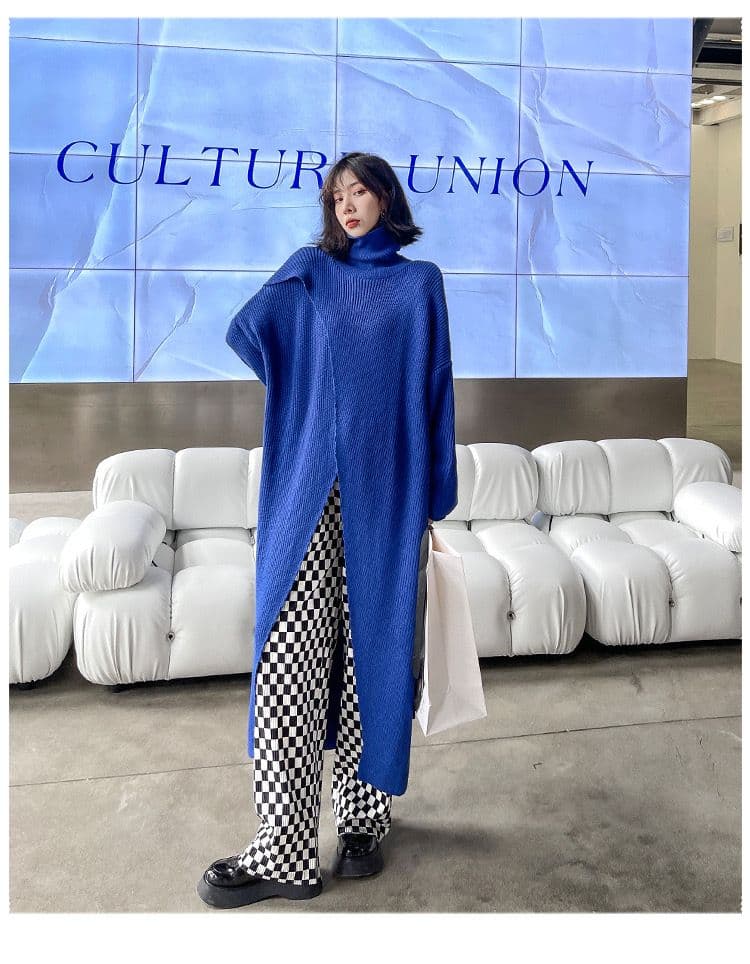 モード系ファッション【ブラック】アシンメトリーデザインのハイネックニットワンピース