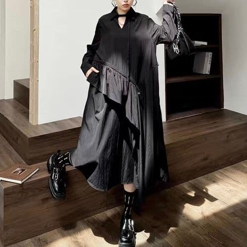 モード系ファッション 【体型カバー◎】アシメデザイン襟付きワンピース｜3色展開・ゆったりフリーサイズ