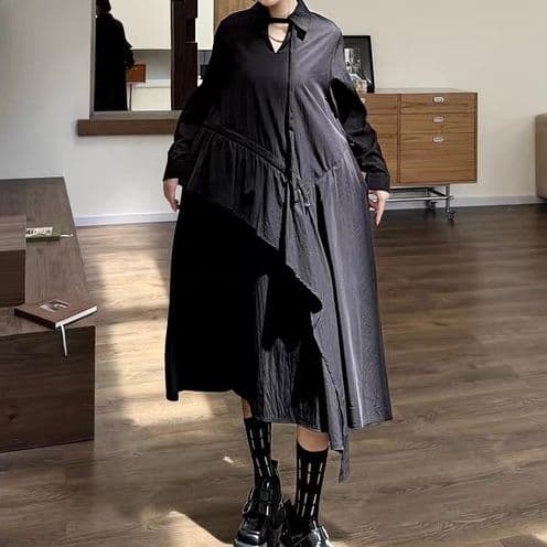 モード系ファッション 【体型カバー◎】アシメデザイン襟付きワンピース｜3色展開・ゆったりフリーサイズ