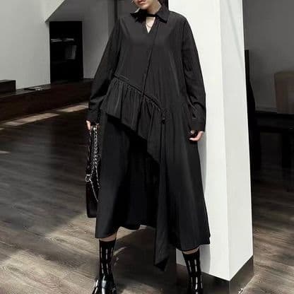 モード系ファッション 【体型カバー◎】アシメデザイン襟付きワンピース｜3色展開・ゆったりフリーサイズ