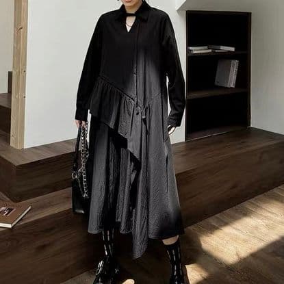 モード系ファッション 【体型カバー◎】アシメデザイン襟付きワンピース｜3色展開・ゆったりフリーサイズ