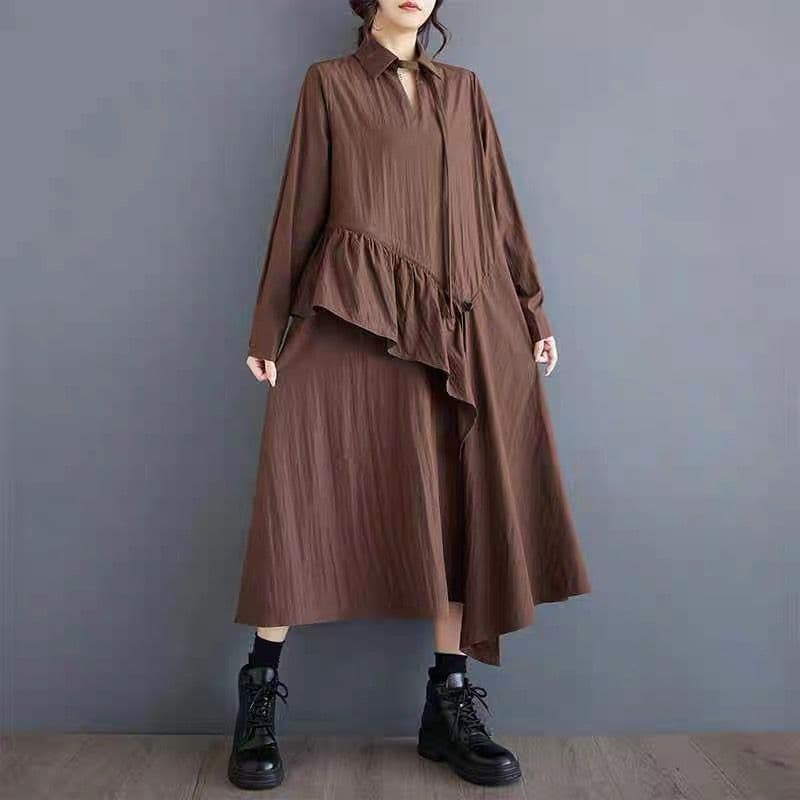 モード系ファッション 【体型カバー◎】アシメデザイン襟付きワンピース｜3色展開・ゆったりフリーサイズ