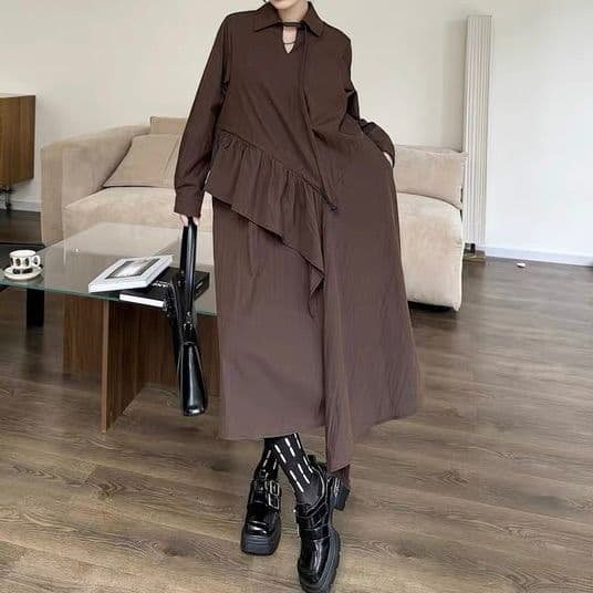 モード系ファッション 【体型カバー◎】アシメデザイン襟付きワンピース｜3色展開・ゆったりフリーサイズ